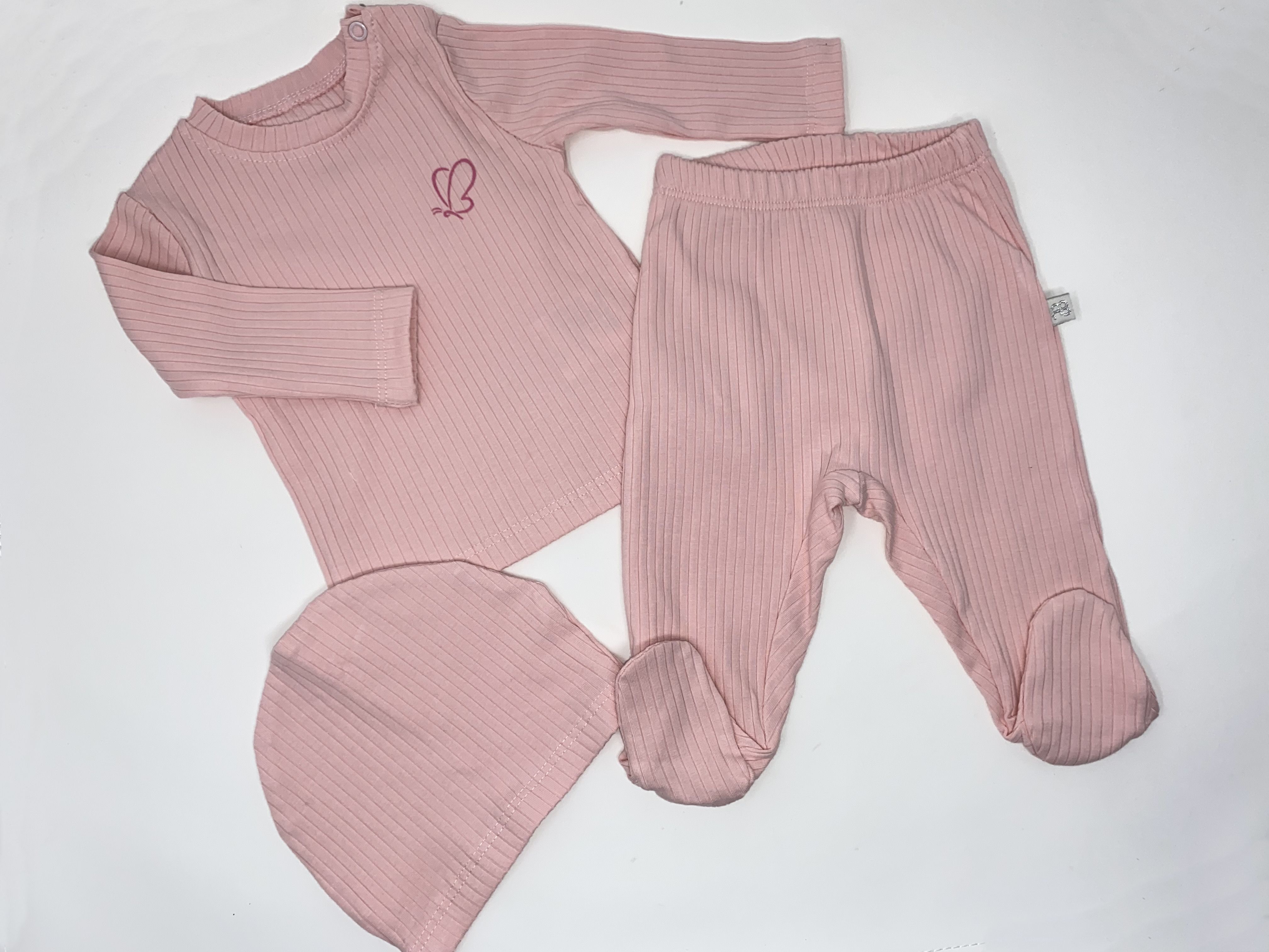 Baby Set 3 Teilig für Neugeborene Strampel Hose Oberteil Mütze Mützchen gerippt Mädchen rosa Teddy Bär