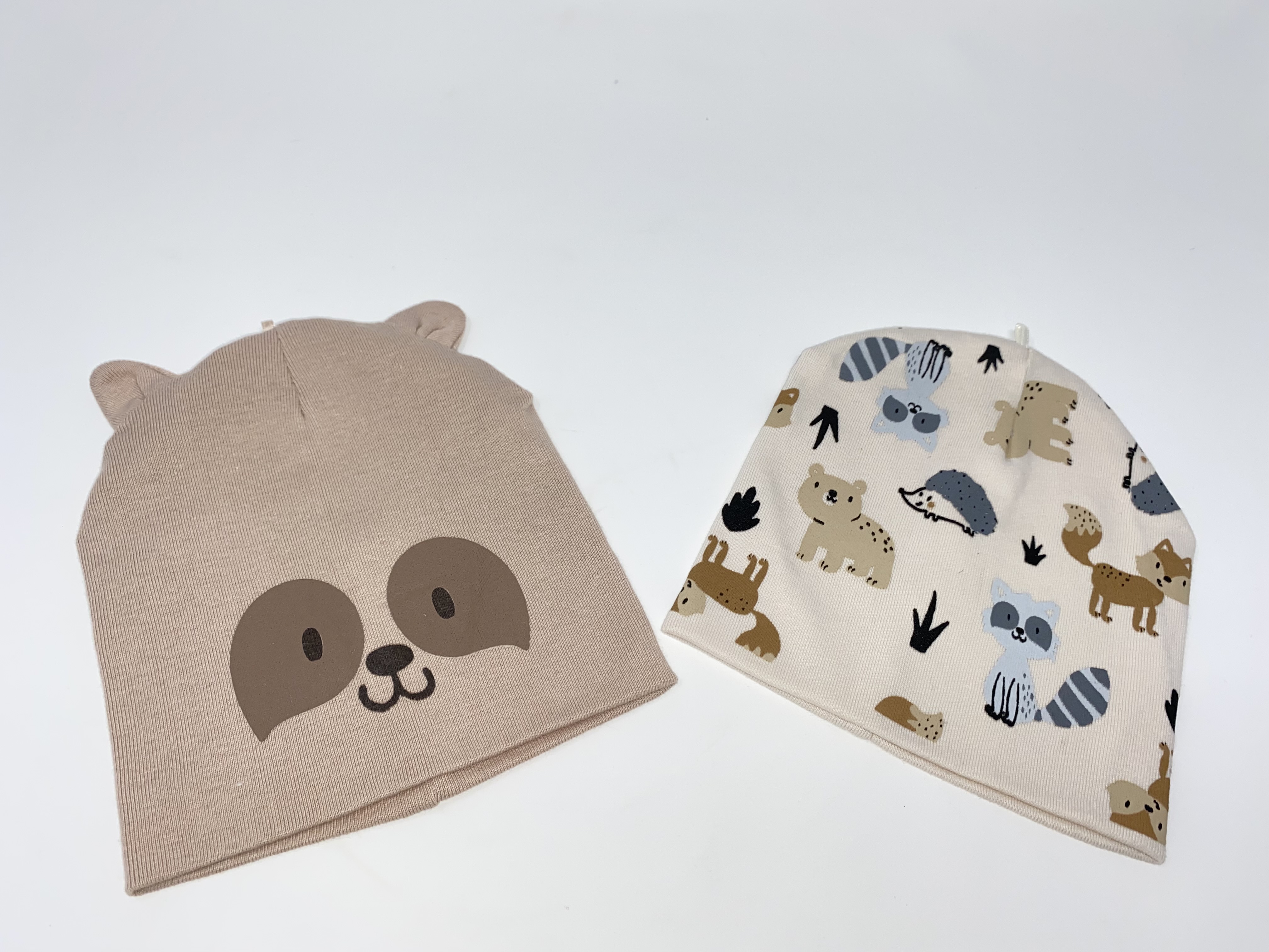 2 x Baby Ohren Mütze Jersey Motive Teddy & Tiere im Wald 100% Baumwolle 
