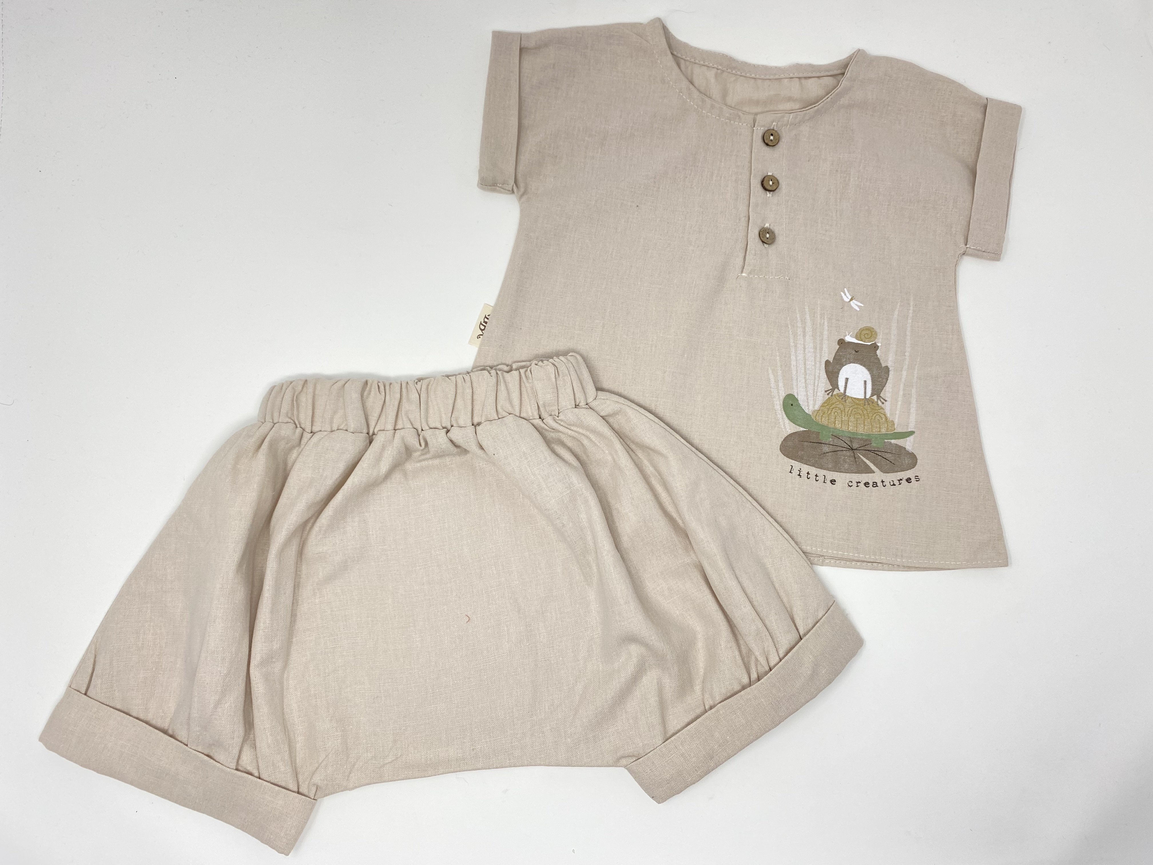  Baby Sommer Set Zweiteiler Hemd & Pumphose Frosch Applikation Baumwolle