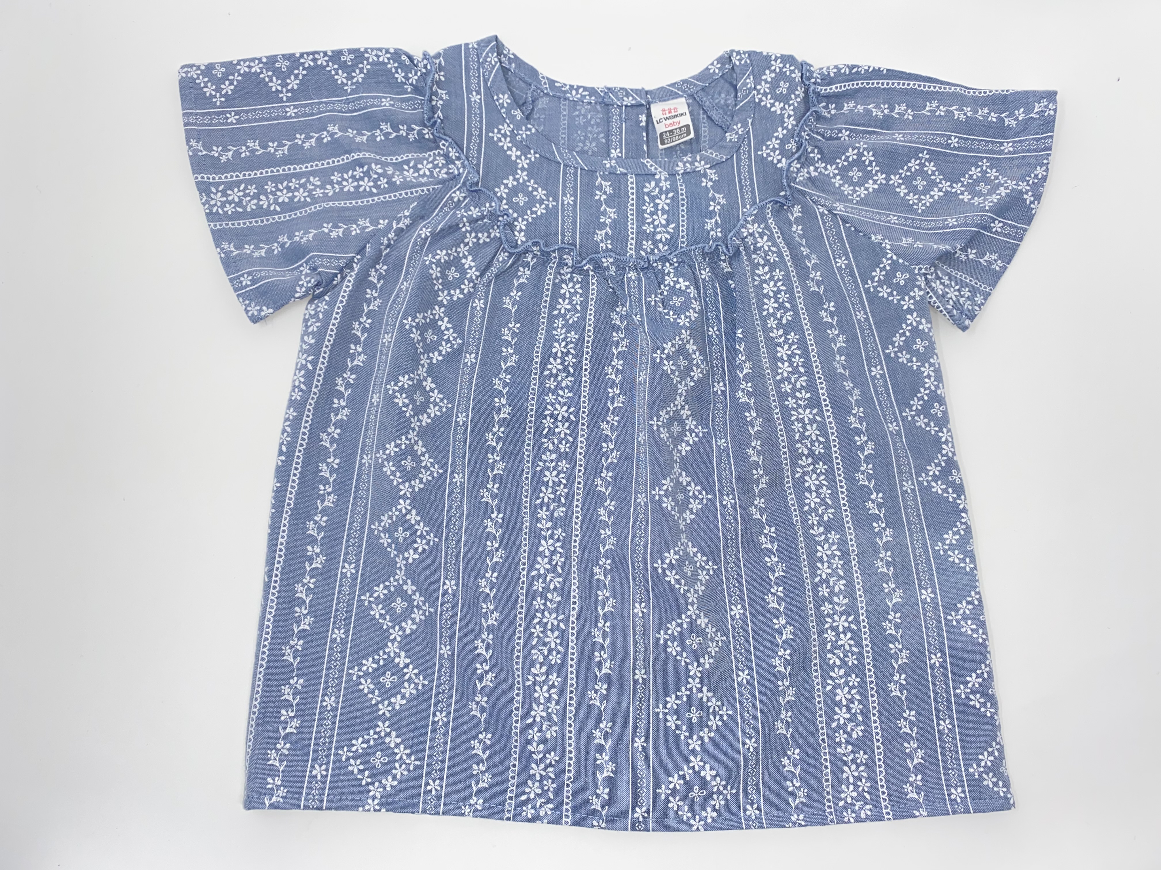 Mädchen Bluse T-Shirt Sterne  Jeansblau mit Rüschen und Blümchen