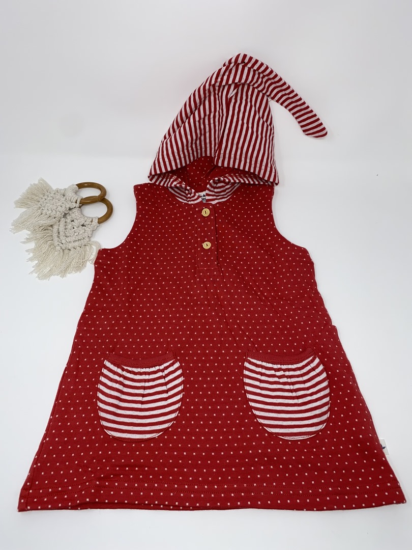 Leela Cotton Kapuzenkleid Tunika Kleid - Rot - reine 100% BIO Baumwolle